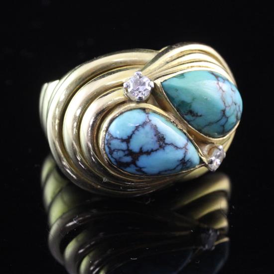 A stylish gold, turquoise and diamond dress ring, size K.
